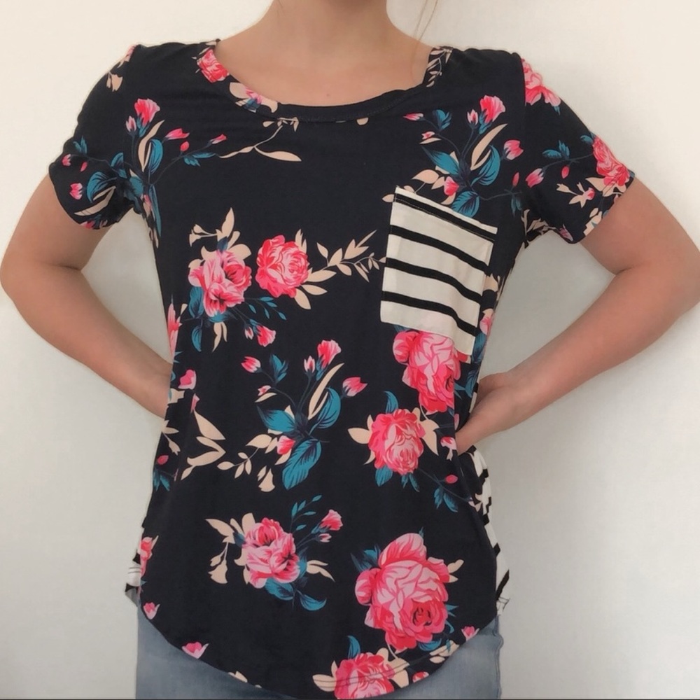 Tickled Teal Floral & Striped Top